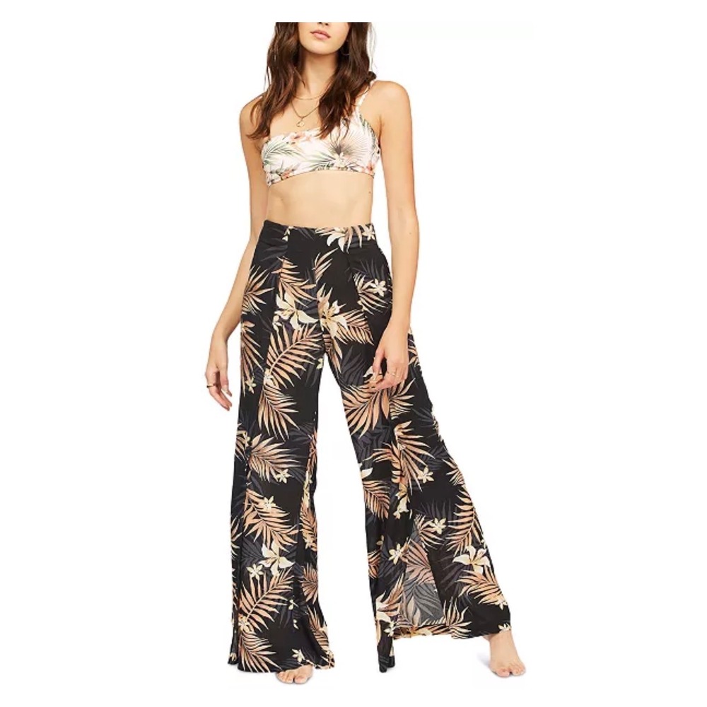 Billabong Wide Leg Pants Women S Black Tropical Floral Viscose Side Slit Beach